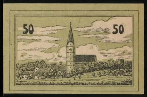 Notgeld Neukirchen an der Enknach 1920, 50 Heller, Ort mit Kirche und Landschaft