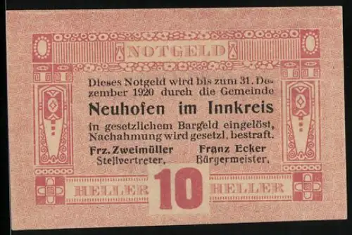 Notgeld Neuhofen i. I. 1920, 10 Heller, Ornament-Rahmen