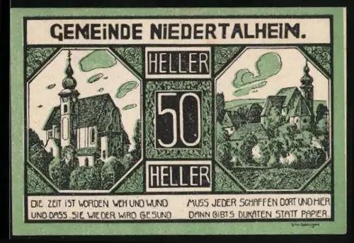 Notgeld Niederthalheim 1920, 50 Heller, Kirche und Ortsansicht