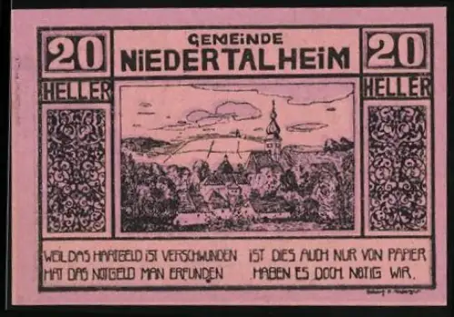 Notgeld Niederthalheim 1921, 20 Heller, Landschaftsansicht mit Ort und Kirche