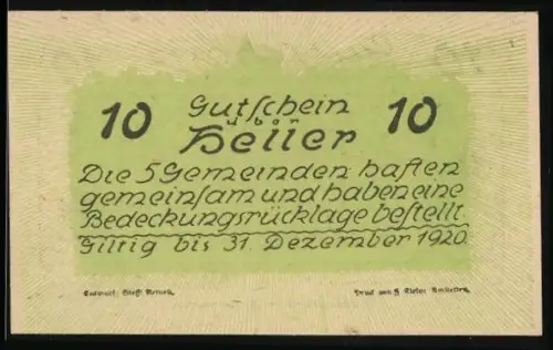 Notgeld Neustadtl a. D. 1920, 10 Heller, Kirchenansichten und Text der Gemeinden