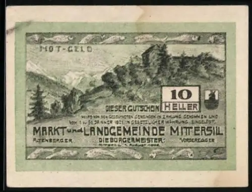 Notgeld Mittersill, 10 Heller, Landschaftsansicht mit Wäldern und Bergen, Wappen
