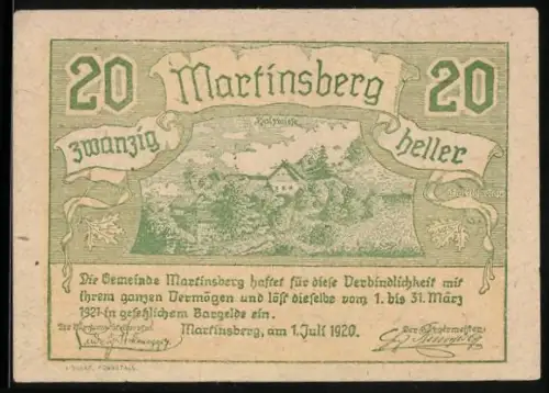 Notgeld Martinsberg 1920, 20 Heller, Landschaft mit Ortsansicht und Wappen