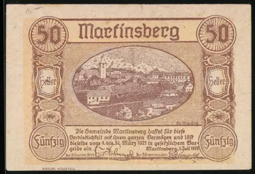 Notgeld Martinsberg 1921, 50 Heller, Ortsansicht im dekorativen Rahmen