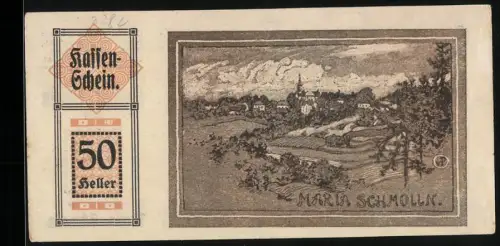 Notgeld Maria Schmolln, 50 Heller, Dorflandschaft mit Kirche und Feldern