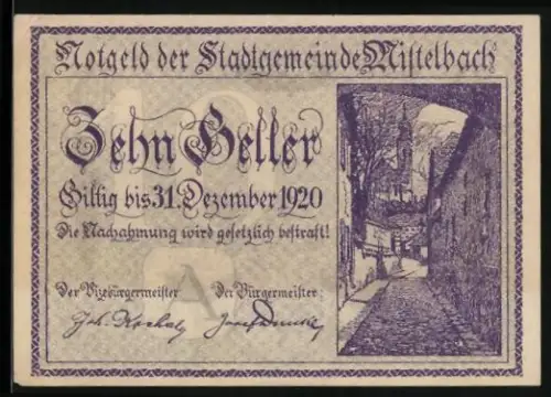 Notgeld Mistelbach 1920, 10 Heller, Ortsansicht mit Kirche und historische Gasse