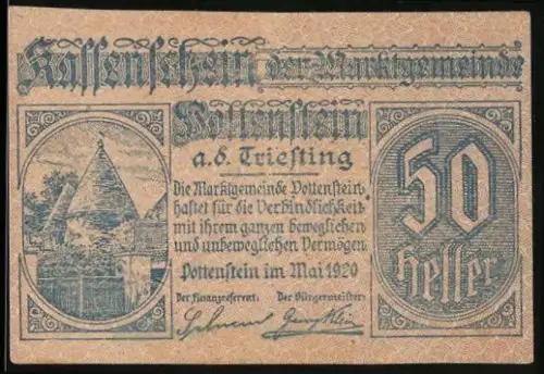 Notgeld Pottenstein a.d. Triesting 1920, 50 Heller, Abbildung eines Gebäudes mit Garten