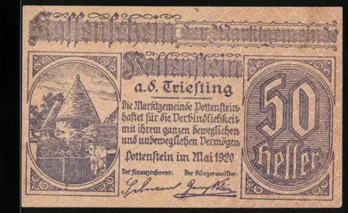 Notgeld Pottenstein a. d. Triesting 1920, 50 Heller, Historischer Turm