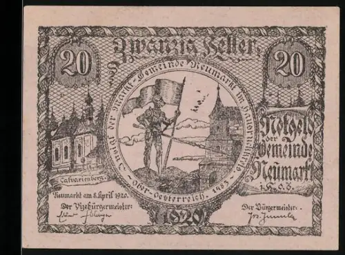 Notgeld Neumarkt im Hausruckkreis 1920, 20 Heller, Ritter mit Fahne und Burgturm, Kirchenmotif