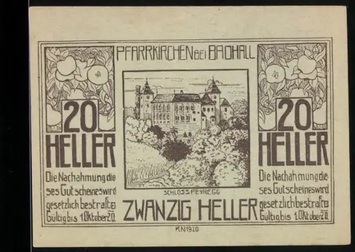 Notgeld Pfarrkirchen bei Bad Hall 1920, 20 Heller, Schloss Feyregg