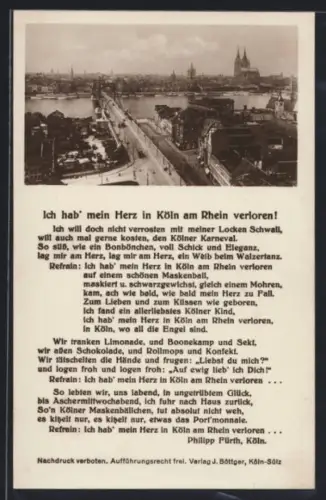 AK Köln, Rheinpanorama mit Dom und Liedtext Ich hab` mein Herz in Köln am Rhein verloren