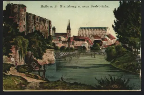 AK Halle a. S., Moritzburg und neue Saalebrücke