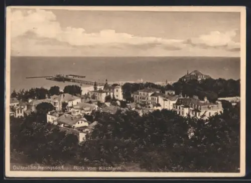 AK Heringsdorf, Blick vom Kirchturm auf Seebrücke und Villen