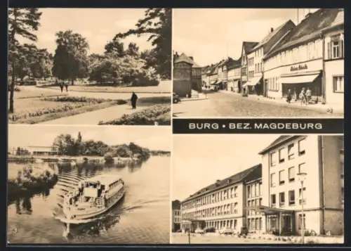 AK Burg /Magdeburg, Goethepark, Breiter Weg, Kanal, Kreiskrankenhaus Innere Abteilung