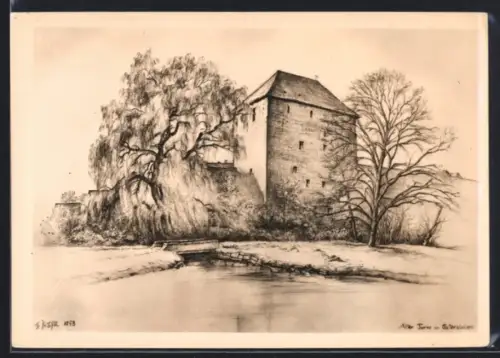 Künstler-AK Gatersleben /Aschersleben, Alter Turm mit Teich