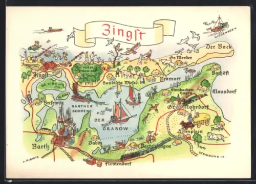 Künstler-AK Zingst, Karte mit Barther Bodden, Pramort, Grabow