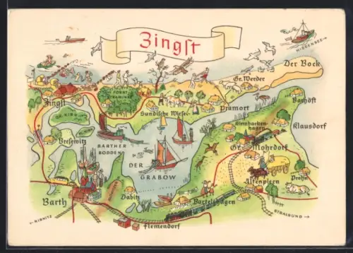 Künstler-AK Zingst, Landkarte mit Barther Bodden, Der Grabow, Sundische Wiese