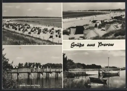 AK Prerow, Strand mit Strandkörben, Zeltplatz, Brücke über den Strom, Hafen am Strom