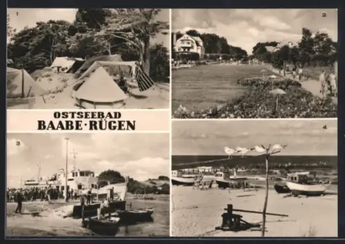 AK Baabe /Rügen, Zeltplatz, Strandpromenade, Dampferanlegestelle, Strand