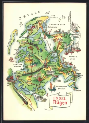 Künstler-AK Bergen /Rügen, Landkarte mit Orten und Sehenswürdigkeiten