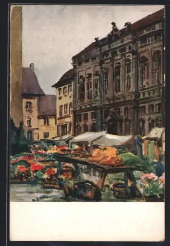 Künstler-AK Potsdam, Markt mit Pfarrhaus St. Nicolai