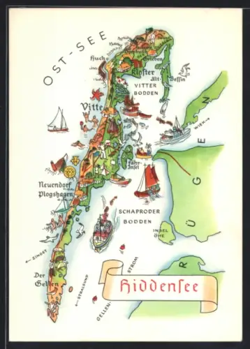 Künstler-AK Hiddensee, Inselkarte mit Vitte, Kloster, Neuendorf und Plogshagen