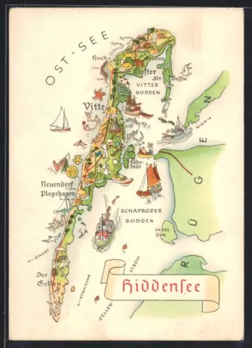 Künstler-AK Hiddensee, Inselkarte mit Vitte, Kloster, Neuendorf