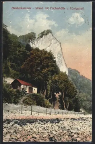 AK Stubbenkammer, Strand mit Fischerhütte und Königsstuhl