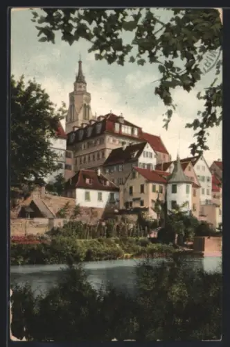 AK Tübingen, Neckaransicht mit Hölderlinsturm und alter Aula