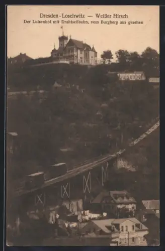 AK Dresden-Loschwitz, Luisenhof, Drahtseilbahn, vom Burgberg aus gesehen