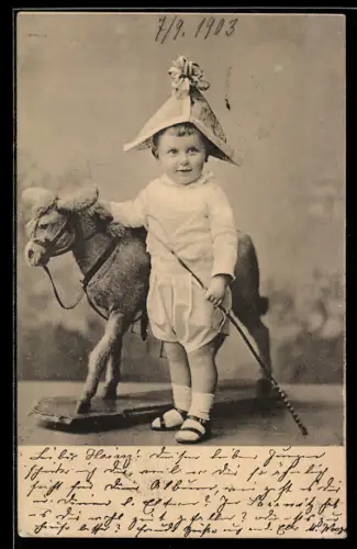 AK Kleinkind mit Pferd auf Rollen