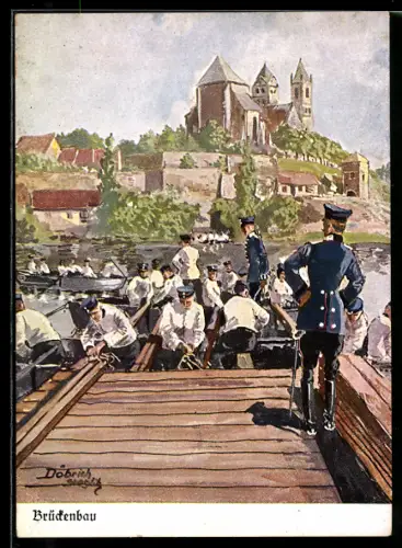 Künstler-AK Döbrich-Steglitz: Pioniere beim Errichten einer Brücke