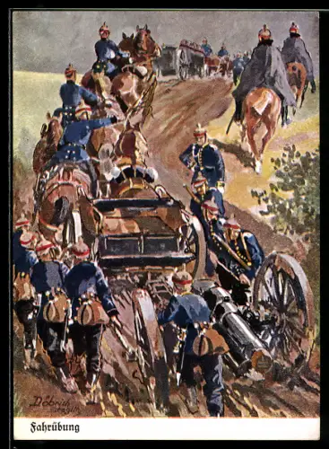 Künstler-AK Döbrich-Steglitz: Artilleristen mit Pferdegespann und Geschütz bei einer Fahrübung