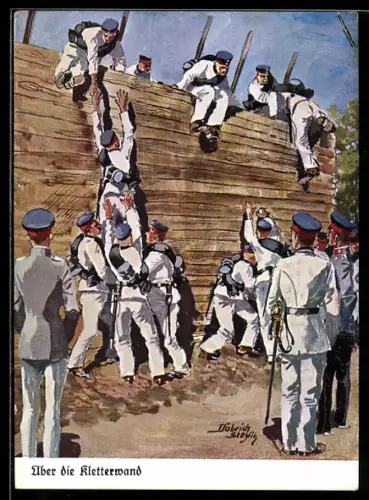 Künstler-AK Döbrich-Steglitz: Soldaten in Uniform überwinden die Kletterwand