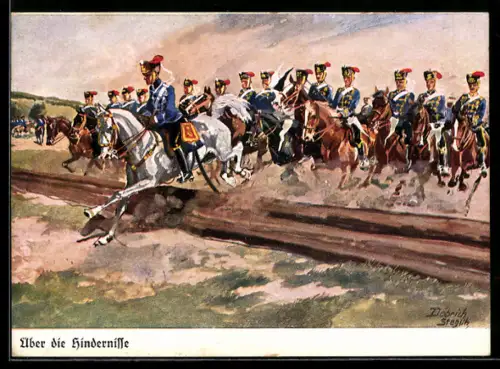 Künstler-AK Döbrich-Steglitz: Husaren beim Ritt über Hindernisse