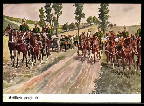 Künstler-AK Döbrich-Steglitz: Artillerie protzt ab
