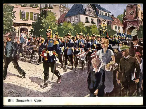 Künstler-AK Döbrich-Steglitz: Soldaten beim Ausmarsch mit klingendem Spiel