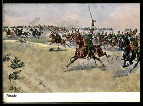 Künstler-AK Döbrich-Steglitz: Kavallerie bei einer Attacke