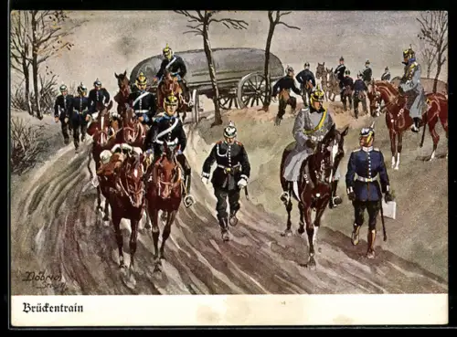 Künstler-AK Döbrich-Steglitz: Brückentrain, Soldaten auf dem Marsch