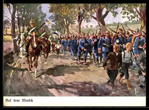 Künstler-AK Döbrich-Steglitz: Auf dem Marsch, Infanterie