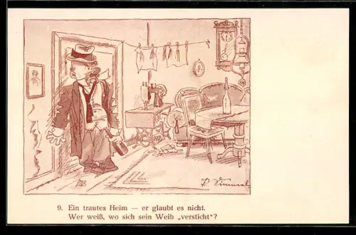 Künstler-AK sign. Paul Simmel: Berlin, Betrunkener Mann kommt nach Hause