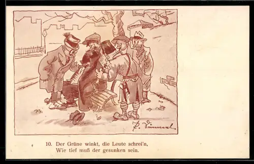 Künstler-AK sign. Paul Simmel: Berlin, Männer umgeben einen Betrunkenen auf einer Bank