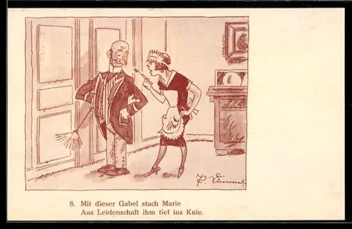 Künstler-AK sign. Paul Simmel: Berlin, Hausmädchen mit Gabel in der Hand