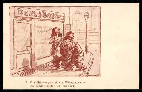 Künstler-AK sign. Paul Simmel: Berlin, Zwei Männer sind zum Mittag auf dem Weg zur Destillation