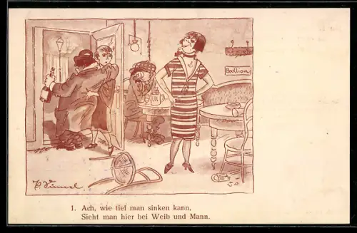 Künstler-AK sign. Paul Simmel: Berlin, Dame holt ihren betrunkenen Mann ab