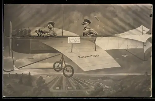 Foto-AK Zwei Soldaten in Rumpler-Taube, Studiokulisse