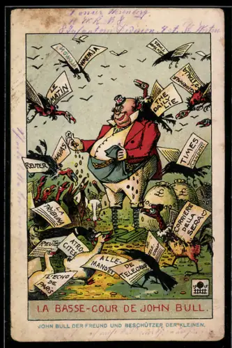 AK La Basse-Cour de John Bull, John Bull füttert seine Freunde, Propaganda 1. Weltkrieg