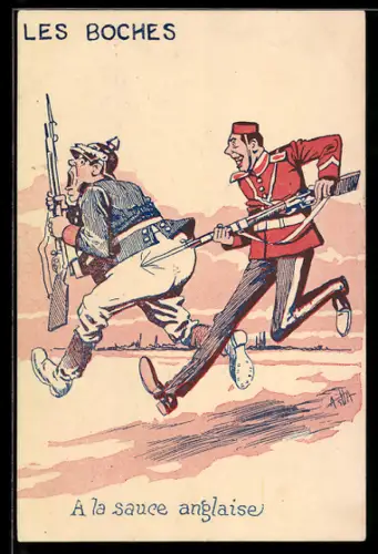 AK Soldat stricht einem anderen Soldaten mit Pickelhaube in den Hintern, Propaganda Entente