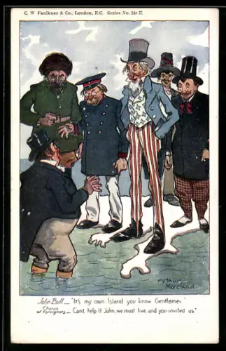 Künstler-AK Karikatur von John Bull mit Gefolgsleuten