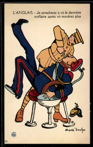 AK Englischer soldat zieht einem deutschen Soldaten mit Pickelhaube einen Zahn, Propaganda Entente